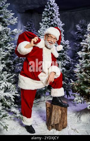 Eine fröhliche Figur, die als Weihnachtsmann verkleidet ist, steht auf einem Baumstamm, umgeben von schneebedeckten Bäumen. Stockfoto