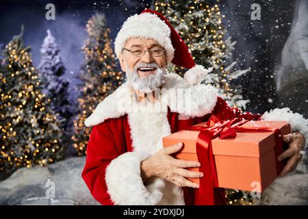 Eine fröhliche Figur, die als Weihnachtsmann gekleidet ist, verbreitet Weihnachtsfreude und hält ein Geschenk inmitten des Schneefalls. Stockfoto