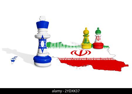 Schach aus Israel, Hisbollah und Iran-Flaggen Stockfoto