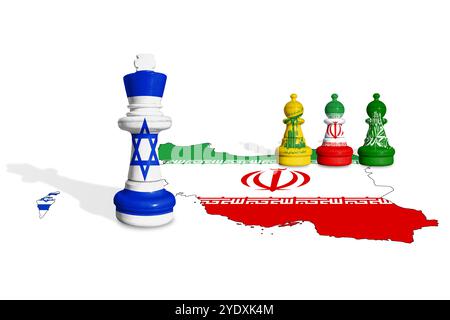 Schach aus Israel, Hisbollah, Iran und Hamas-Fahnen Stockfoto