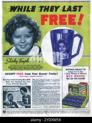 1935 Bisquick-Werbung mit Shirley Temple Kinderbecher Stockfoto