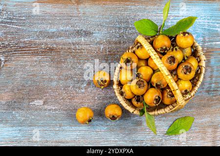 Korb gefüllt mit Medaillen, von oben auf dem alten Brett gesehen. Medlars Mespifus germanica 016357 005 Stockfoto