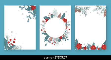 Poster zu Weihnachten und Neujahr. Gemütliche Winterkarten mit Tannenzweigen, Beeren, stechpalmen und Tannenzapfen. Vertikale Vorlagen für die Weihnachtszeit Stock Vektor