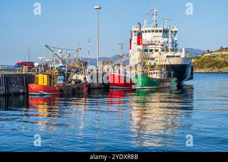 Farbenfrohe Fischerboote und CalMac Fähre MV Coruisk am Ufer des Hafens von Mallaig - Mallaig, Lochaber, Scottish Highlands, Schottland Stockfoto