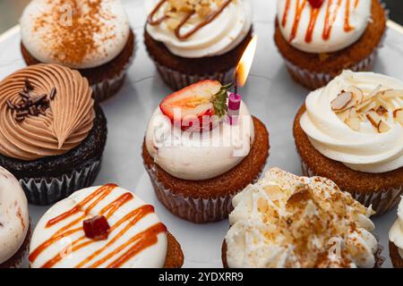 Ein Teller mit verschiedenen dekorierten Cupcakes, mit einem einzelnen Cupcake und einer beleuchteten Kerze, perfekt für Feiern oder Dessertteller. Stockfoto