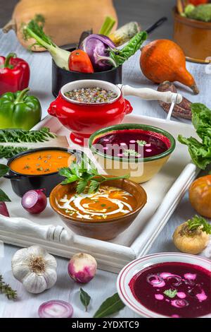 Suppen, Rüben, Gemüse, Kürbis, umgeben von ein paar Zutaten. Gemüsesuppen in Situation 016357 032 Stockfoto