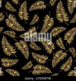 Nahtloses Muster mit goldenen Farnzweigen auf schwarzem Hintergrund. Blumenmuster mit Gold. Handgezeichnete Aquarellillustration. Stockfoto