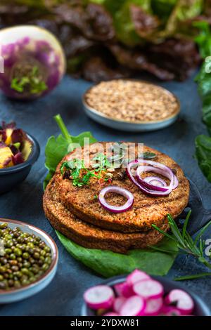 Es werden mehrere vegetarische Steaks serviert. Vegetarische Steaks 016360 004 Stockfoto