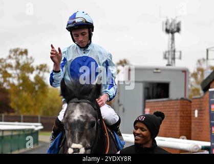 Leicester, Großbritannien, 28.10.2024, Belgrave, geritten von Rossa Ryan, gewinnt die britischen EBF-Einsteiger 2,40 auf Leicester Racecourse, Leicester Picture von Paul Blake/Alamy Sports News Stockfoto