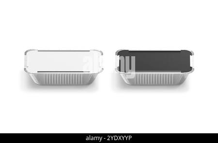 Leeres Modell aus schwarz-weißem Aluminiumfolienbehälter, Vorderansicht Stockfoto