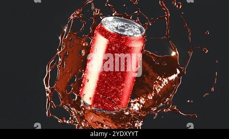 Leere rote Soda kann Wasserspritzer Modell, Tiefenschärfe Stockfoto