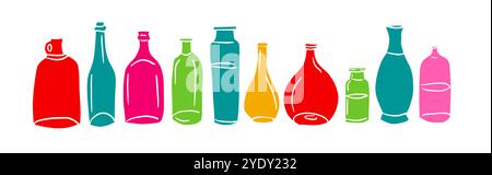 Ein Satz farbiger Flaschen. Handzeichnung. Nicht AI, Vektorillustration Stock Vektor