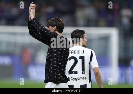 Mailand, Italien. Oktober 2024. Dusan Vlahovic vom Juventus FC feiert am 27. Oktober 2024 im Stadio Giuseppe Meazza in Mailand Italien am Ende der Serie A zwischen FC Internazionale und Juventus FC. Quelle: Marco Canoniero/Alamy Live News Stockfoto