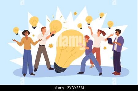 Teamarbeit, um neue Ideen zu finden. Die Leute arbeiten mit Glühbirnen zusammen. Innovative Lösungen für Probleme. Brainstorming und Kreativität. Geschäftsmann, der glühend hält Stock Vektor