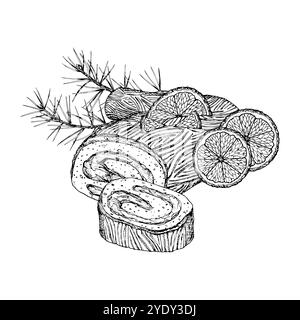 Ein festlicher Yule-Baumkuchen, buche de Noel, Weihnachtsmahlzeit mit gerolltem Gebäck, Orangenscheiben und Tannenzweigen. Ein detailliertes Schwarz Stock Vektor