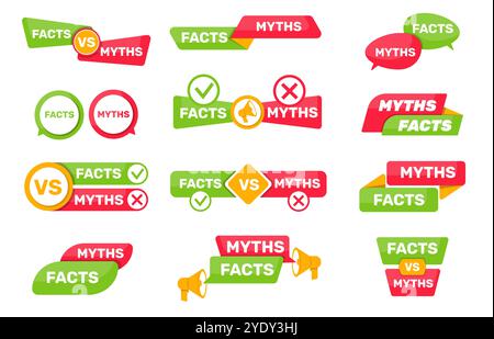 Mythen- und Tatsacheneinschriften. Farbig liegt mit Text. Vergleich von Wahrheit und Betrug. Proof vs. Fiktion. Falsche irreführende Nachrichten. Lautsprecher oder Sprechbub Stock Vektor