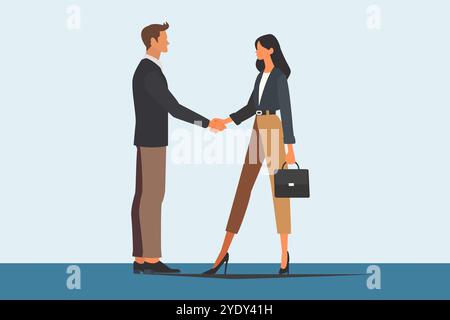 Business Agreement Freundschaftskonzept. Mann schüttelt Hand - Handschlag mit Frau. Mischung aus Zuneigung, Liebe, Partnerschaft, Zusammenarbeit Stockfoto