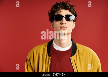 Ein stilvoller junger Mann mit lockigen Haaren zeigt seine Mode in einer gelben Jacke vor einem auffälligen roten Hintergrund. Stockfoto