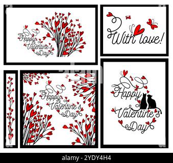 Set Postkarten alles Gute zum Valentinstag. Handgezeichnet. Nicht AI, Vektorillustration Stock Vektor