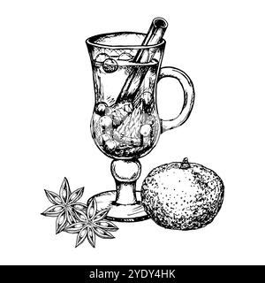 Vektortinte handgezeichnetes Clipart von heißem Wintergetränk in Glasbecher: Punsch, Glühwein, Tee mit Zitrusfrüchten, Zimtstangen, Sternanis und Nelken. Perfekt Stock Vektor
