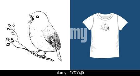 T-Shirt mit Vogelmuster. Damentrikot, Sportuniform, kurzes Oberteil, Bluse mit Rundhalsausschnitt. Skizzenabbildung. Vorlagenmodell Stock Vektor