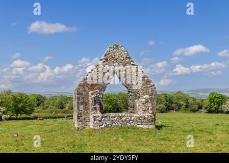 Ein verwitterter Steinbogen, Teil der Ruinen der Kilmacduagh Abbey im County Galway, Irland, steht allein auf einem grünen Feld. Das alte Gebäude ist fram Stockfoto