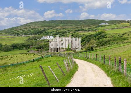 Ein gewundener Schotterweg führt zu den Ruinen von Clifden Castle in Connemara, Irland. Das Efeu-bedeckte Schloss steht inmitten von sanften grünen Hügeln und üppigen Weiden Stockfoto