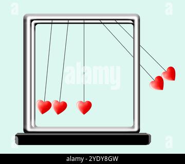 Ein Offizier-Desktop-Spielzeug, eine Newton's Cradle, ist jetzt mit schwingenden Herzen anstelle von silbernen Kugeln ausgestattet. Es geht um Valentinstag, Liebe, Romantik Stockfoto