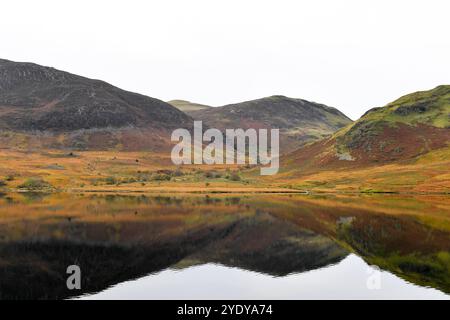 Herbstliche Reflexionen über Crummock Water mit Blick auf Mellbreak im Lake District National Parl Stockfoto