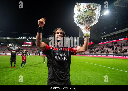 Herning, Dänemark. Oktober 2024. Kevin Mbabu vom FC Midtjylland wurde nach dem 3F Superliga-Spiel zwischen dem FC Midtjylland und Aarhus GF in der MCH Arena in Herning gesehen. Stockfoto