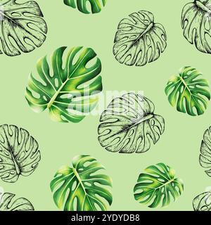 Nahtloses Aquarellmuster mit realistischer und linearer tropischer Illustration von Monstera isoliert auf Hintergrund. Wunderschönes, handgemaltes botanisches Logo Stockfoto