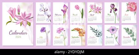 Blumenkalender. Minimalistisches Blumenmuster oder abstrakte Vorlage für die Kunst der Saison. Moderner Naturplaner. Blühende Blüten. Organizer-Papierbögen. Monatliche Terminplanung. Datum 2025. Vektor-Zeitplanseiten festgelegt Stock Vektor