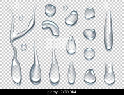 Wassertropfen. Transparenter Regentropfen. Frische, kühle Tauoberfläche und realistische, klare Regentropfen. Dampfspritzer. Nasser Spritzer pur. Flüssigkeitsblase. Tropfstrom. Fallender Riss. Aqua-Kondensat. Vektorobjektset Stock Vektor