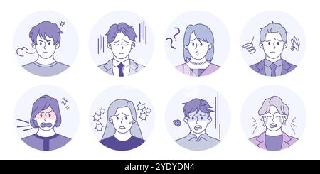 Sorge-Symbole. Traurige Person. Büroprobleme. Männlich oder weiblich denken. Geschäftsleute, die sich beschweren. Geschäftsmännerprobleme. Unglückliche Männer- und Frauenporträts. Verärgerter Mitarbeiter. Verwirrter Kollog. Vektoravatare festgelegt Stock Vektor