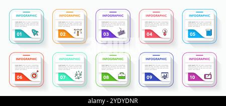 Infografik-Elemente. Schrittdiagramm. Layout der Infobanner mit grafischen Diagrammen. Prozessablauf. Workflow-Strategieschema. Informationsdiagramm von der Analyse bis zum Ziel. Vektordesign für die Zeitachse der Geschäftspräsentation Stock Vektor