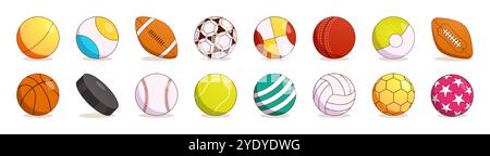 Fußball. Sportausrüstung. American Football. Basketball und Volleyball. Tennisbereich. Verschiedene Wettbewerber. Hockeypuck. Baseball- oder Rugbyspiele. Match Turnier. Vektorset für Sportgeräte Stock Vektor