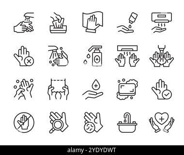 Symbole für die Handwäsche. Handflächen mit Wasser und Seifenlauge reinigen. Waschhautpflege bei COVID. Reinigungstuch und Handtuch. Corona-Hygiene. Outline Arm Desinfektionsmittel. Spender für Reinigungsflasche. Konturen für Vektorlinien festgelegt Stock Vektor