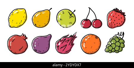 Fruchtsymbole. Apfel, Zitrusfrucht und Orange, Erdbeeren- und Birnensaft, Trauben- und Dragonenfrucht, Kirsch und Granatapfel, Line Doodle Food Logo. Organische Umrisse kreative Vektor isolierte Zeichentrickserie Stock Vektor