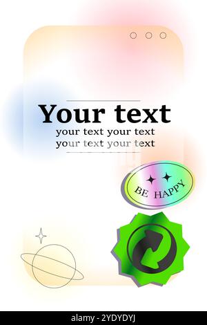 Retro-Poster. Eleganter Hintergrund mit Farbverlauf, holografische Aufkleber. Banner mit Kopierraum für Text. Broschüren- oder Flyer-Vorlage. Linienplaneten und glückliches Gesicht. Minimalistische trendige y2k-Vektor-Illustration Stock Vektor