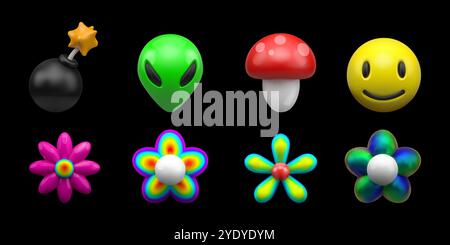 3D-Emoji. Y2K Blumenaufkleber. Fremdes Gesicht. Leichte Bombe. Pilz und Blüte. Emoticon Lächeln. Trippige Kritzelformen. Vintage 90er Jahre Glossy Smiley rendern. Comic Dynamit. Gänseblümchen. Vektorsymbole festgelegt Stock Vektor