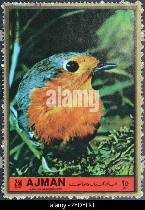 Abgestempelte Briefmarke von Ajman, die europäischen Robin zeigt, um 1972. Stockfoto