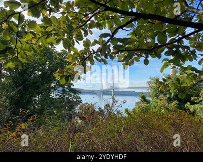 Blick auf die Queensferry Crossing von Fife mit Blick nach Süden über den Fluss Forth, Schottland Stockfoto
