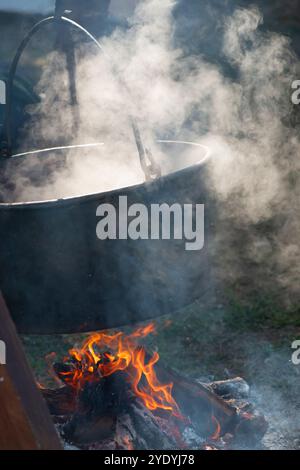 Dampfender Alter Topf Im Freien Stockfoto