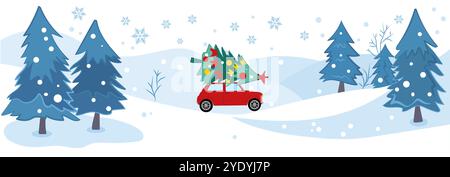 Eine lebhafte Winterlandschaft mit einem Retro-Auto mit einem Weihnachtsbaum auf dem Dach, umgeben von schneebedeckten Bäumen. Vektorabbildung Stock Vektor