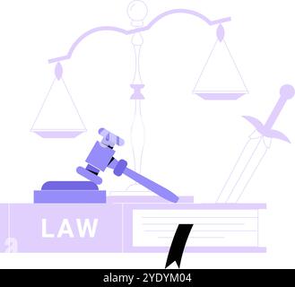 Gesetzbuch Mit Gavel-Skalen Und Schwert Symbolisieren Gerechtigkeit Balance Und Autorität In Der Flachen Vektor-Illustration Isoliert Auf Weißem Hintergrund Stock Vektor