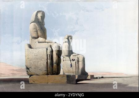 Memnonkolosse, zwei antike ägyptische kolossale Statuen nebeneinander aus dem 14. Jahrhundert v. Chr., Theben, Ägypten, um 1850, historisch, digital restaurierte Reproduktion aus einem Original aus dem 19. Jahrhundert, exaktes Aufnahmedatum unbekannt, Memnonkolosse, zwei nebeneinander stehende altägyptische Kolossalstatuen aus dem 14. Jahrhundert v. Chr., Theben, Ägypten, um 1850, Historisch, digitale restaurierte Reproduktion von einer Vorlage aus dem 19. Jahrhundert, genaues Aufnahmedatum unbekannt Stockfoto