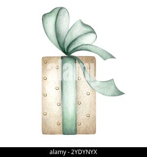 Geschenkbox beige in Punktfarben, mit grüner Schleife und Schleife. Hand gezeichnet Aquarell isolierte Illustration für Dekoration, Designs, Geburtstagsgruß Stockfoto