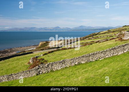 Die Berge von Snowdonia erheben sich in der Ferne über die Tremadog Bay aus Sicht von Llangelynin an der Küste von Wales. Stockfoto