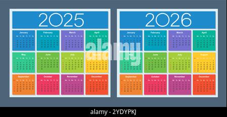 Farbenfroher Kalender für 2025 und 2026 Jahre. Die Woche beginnt am Sonntag. Isolierte Vektordarstellung. Stock Vektor