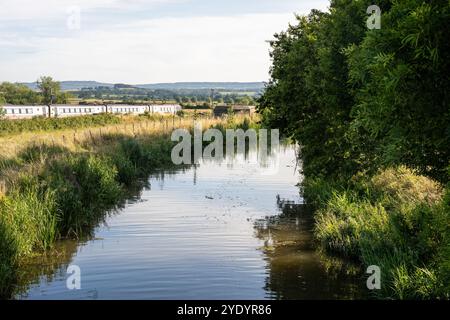 Ein CrossCountry Voyager-Personenzug fährt entlang des Bridgwater and Taunton Canal auf der Bristol-Exeter Railway in Somerset, England. Stockfoto